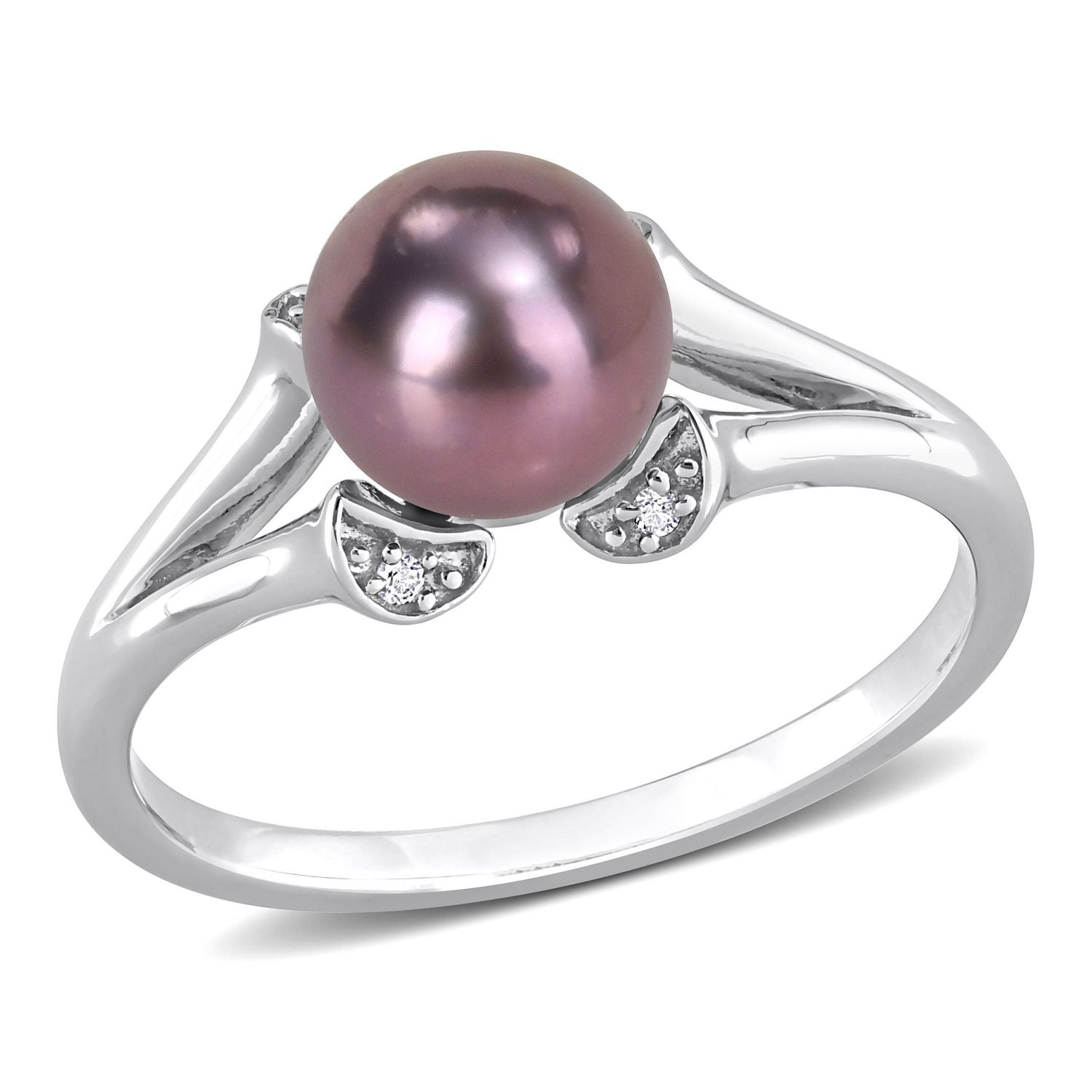 Miabella Black Freshwater Cultured Pearl and White Topaz Sterling Silver Split Shank Ring