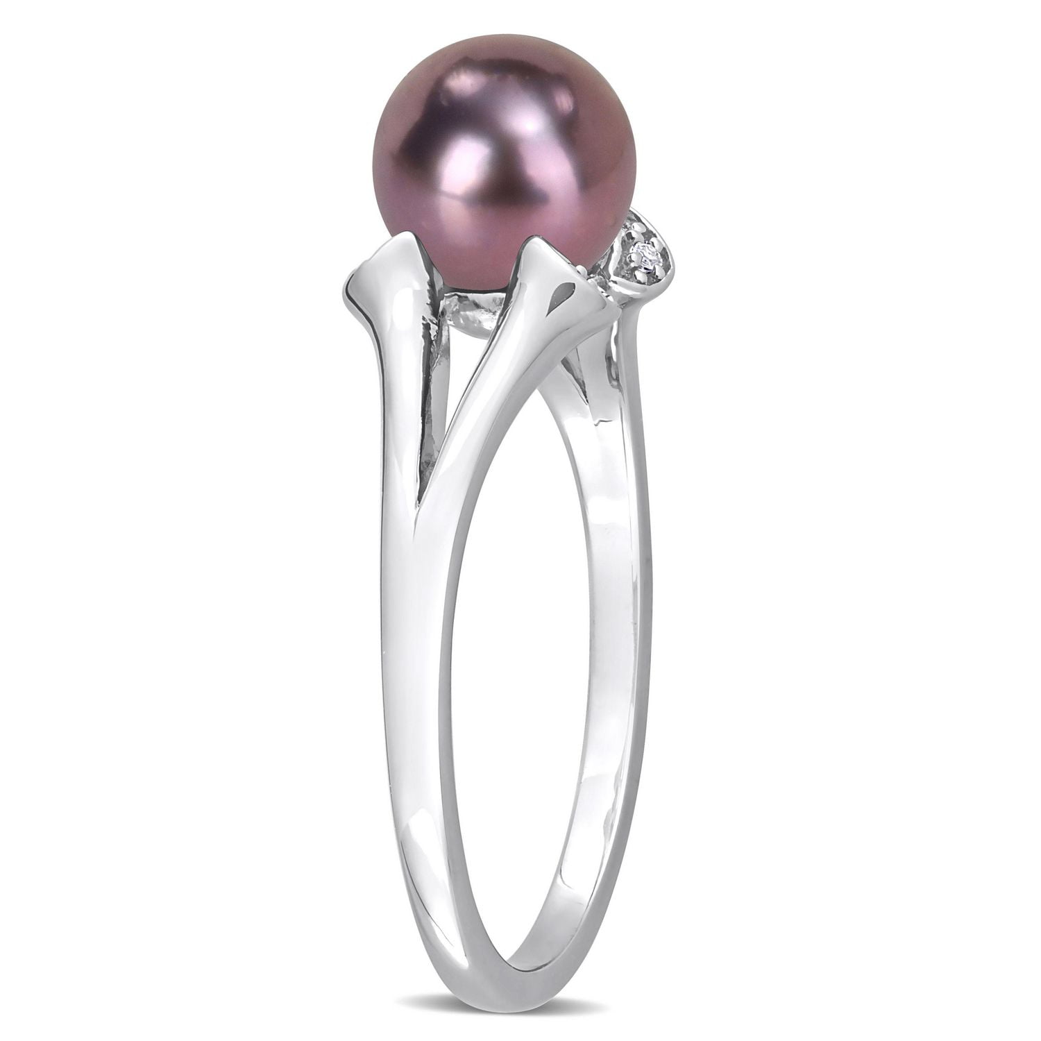 Miabella Black Freshwater Cultured Pearl and White Topaz Sterling Silver Split Shank Ring