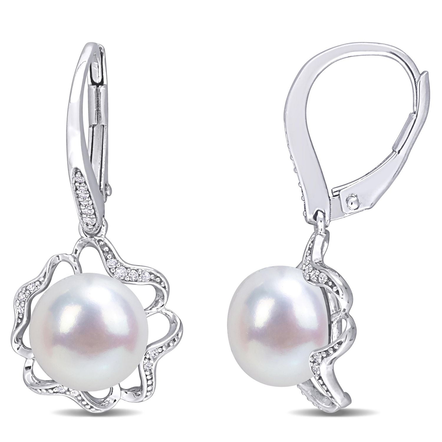 Miabella Freshwater Cultured Pearl and 1/10 Carat T.W. Diamond Sterling Silver Abstract Flower Earrings