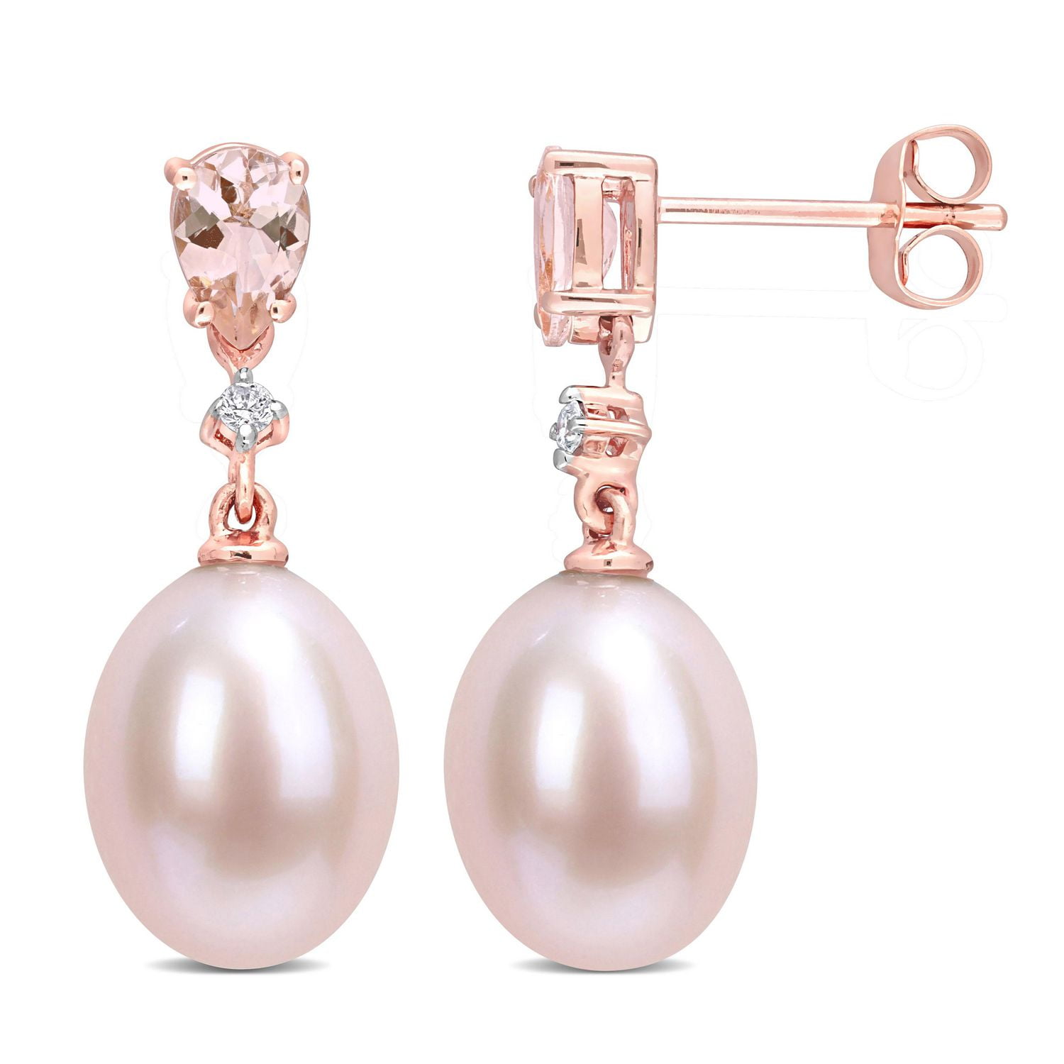 Miabella Freshwater Cultured Pearl 4/5 Carat T.G.W. Morganite and Diamond Accent 10k Rose Gold Drop Earrings