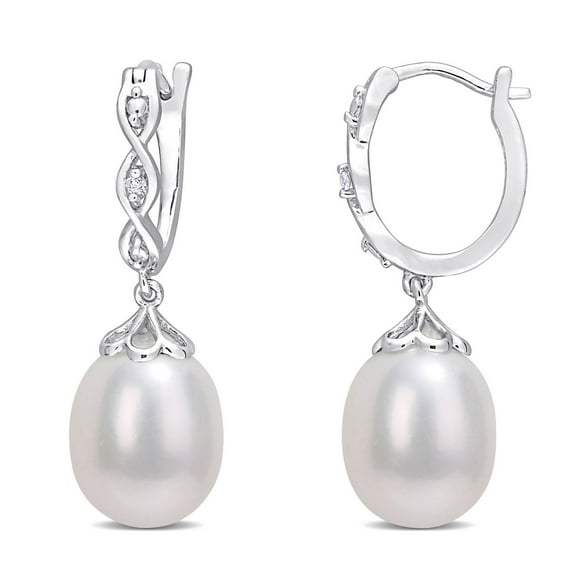 Miabella Freshwater Cultured Pearl and Diamond Accent Sterling Silver Infinity Huggie Earrings