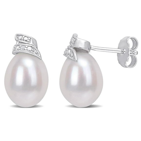 Miabella Freshwater Cultured Pearl and Diamond Accent Sterling Silver Swirl Stud Earrings