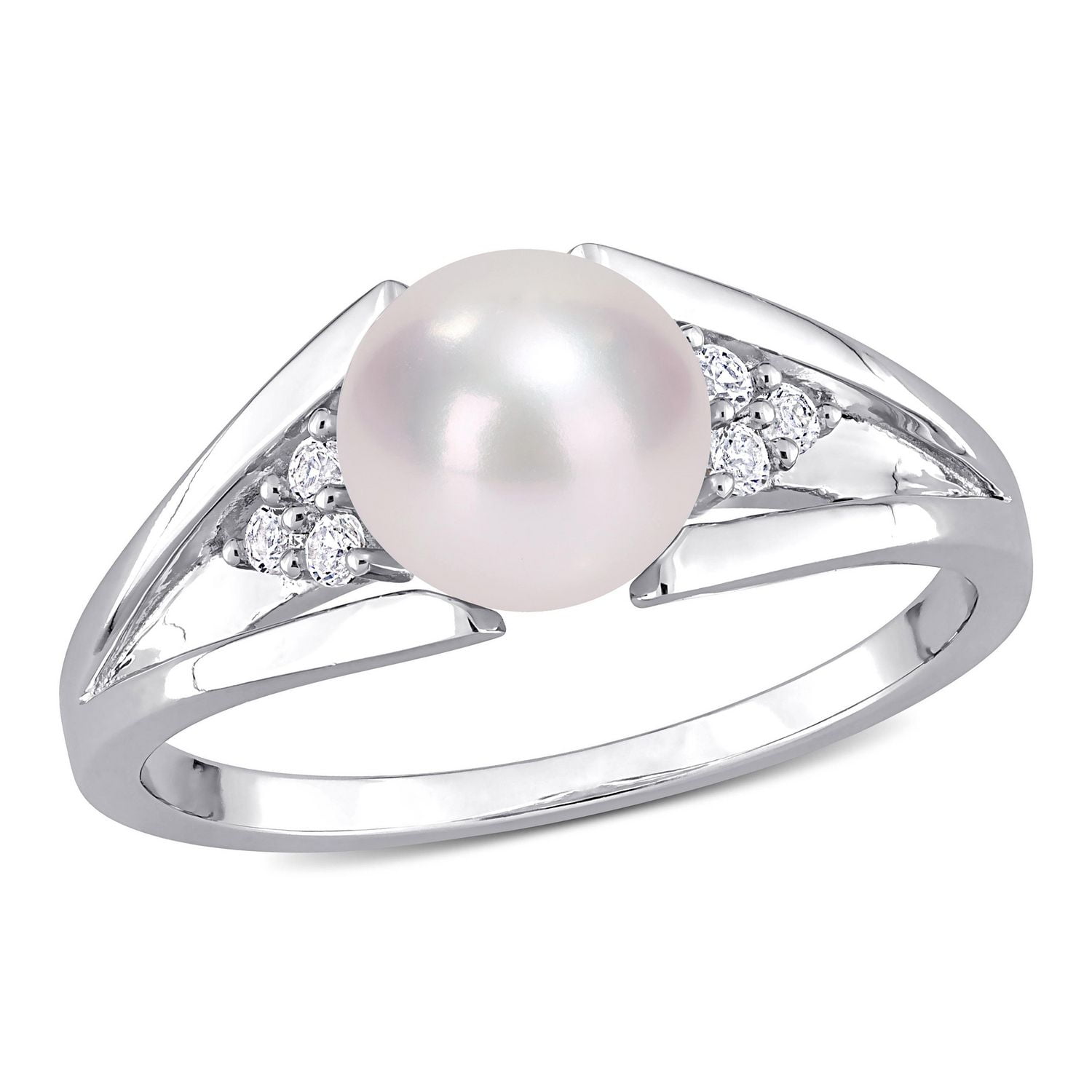 Miabella Freshwater Cultured Pearl and Diamond-Accent Sterling Silver Split Shank Ring