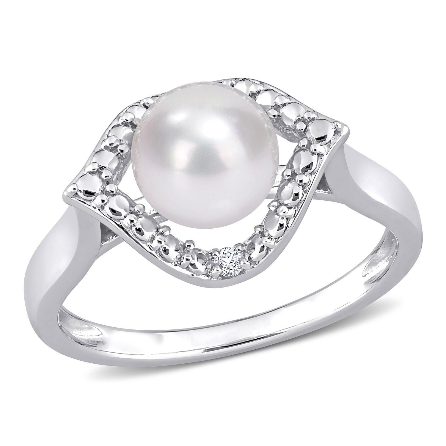 Miabella Freshwater Cultured Pearl and Created White Sapphire Sterling Silver Halo Cocktail Ring