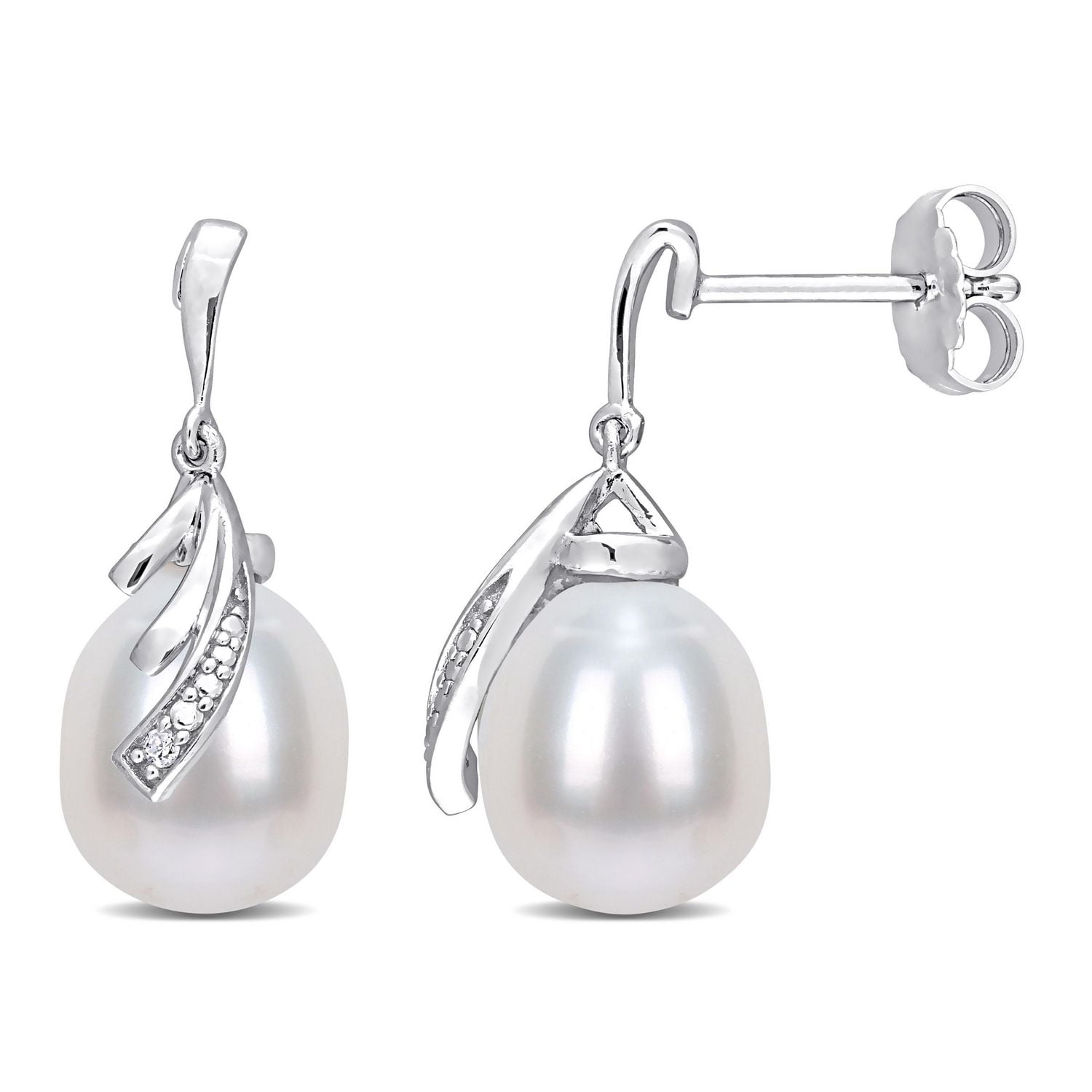 Miabella Freshwater Cultured Pearl and Diamond Accent Sterling Silver Feather Stud Earrings