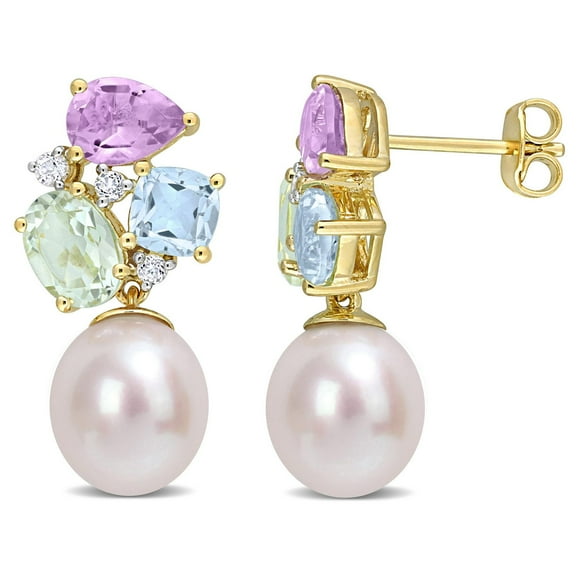 Miabella Freshwater Cultured Pearl Blue Topaz Rose de France Green Quartz and White Topaz Yellow-Plated Sterling Silver Dangle Earrings