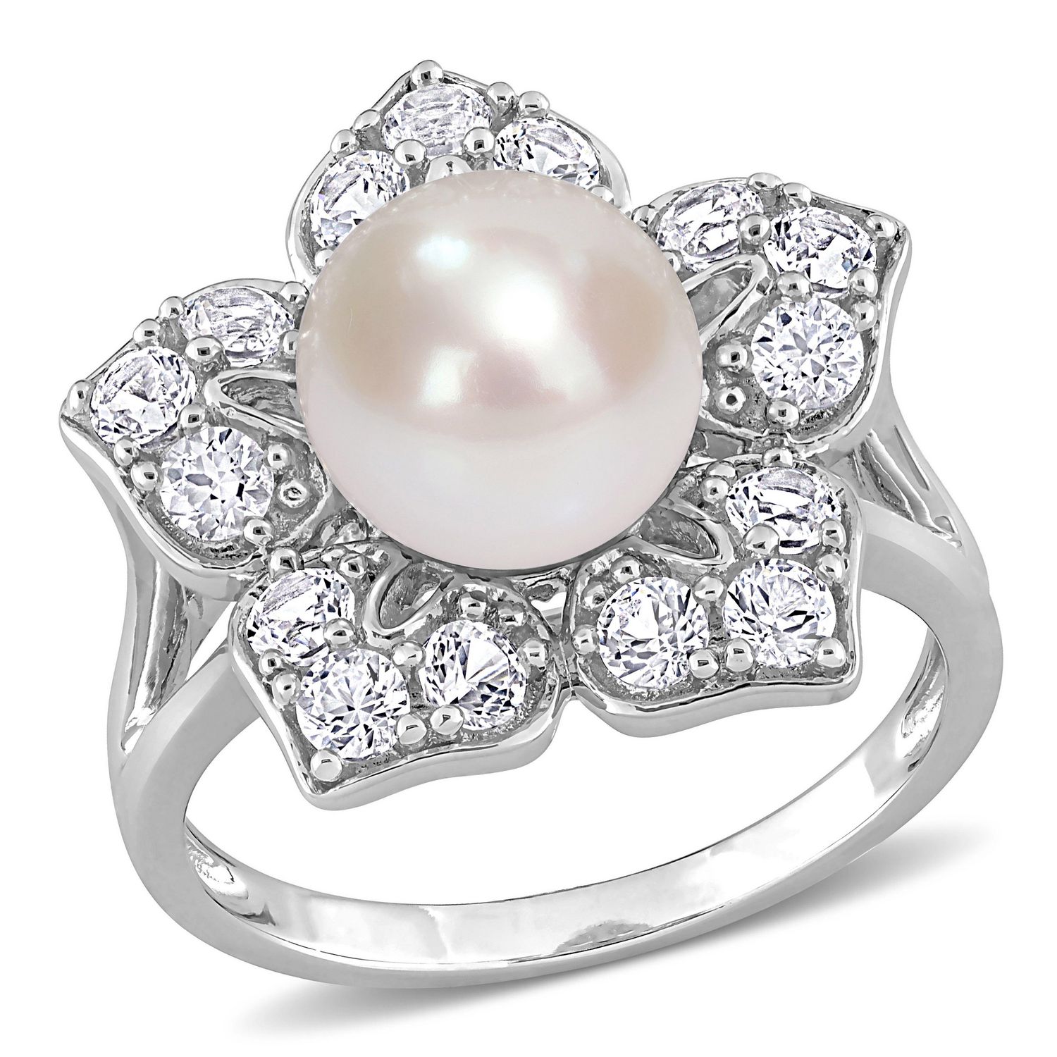 Miabella Freshwater Cultured Pearl and 1-1/3 Carat T.G.W. Created White Sapphire Sterling Silver Floral Ring