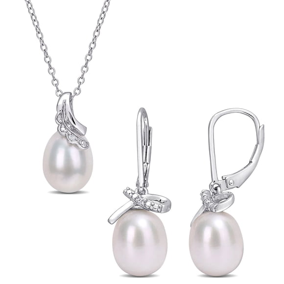 Miabella 2-Piece Cultured Freshwater Pearl and Diamond Accent Sterling Silver Drop Necklace and Earrings Set