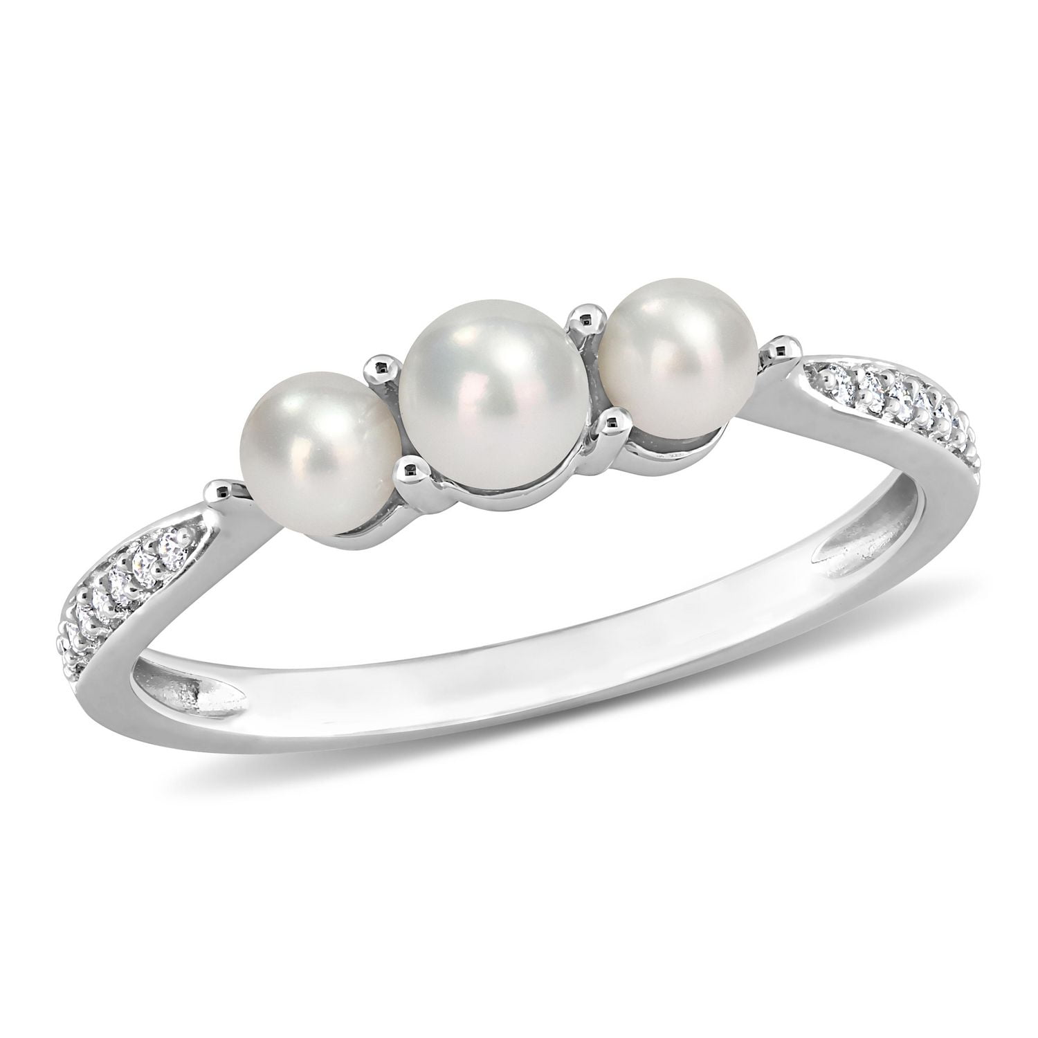 Bague Miabella à 3 pierres en or blanc 14K avec perles d'eau douce culture et accents de diamants