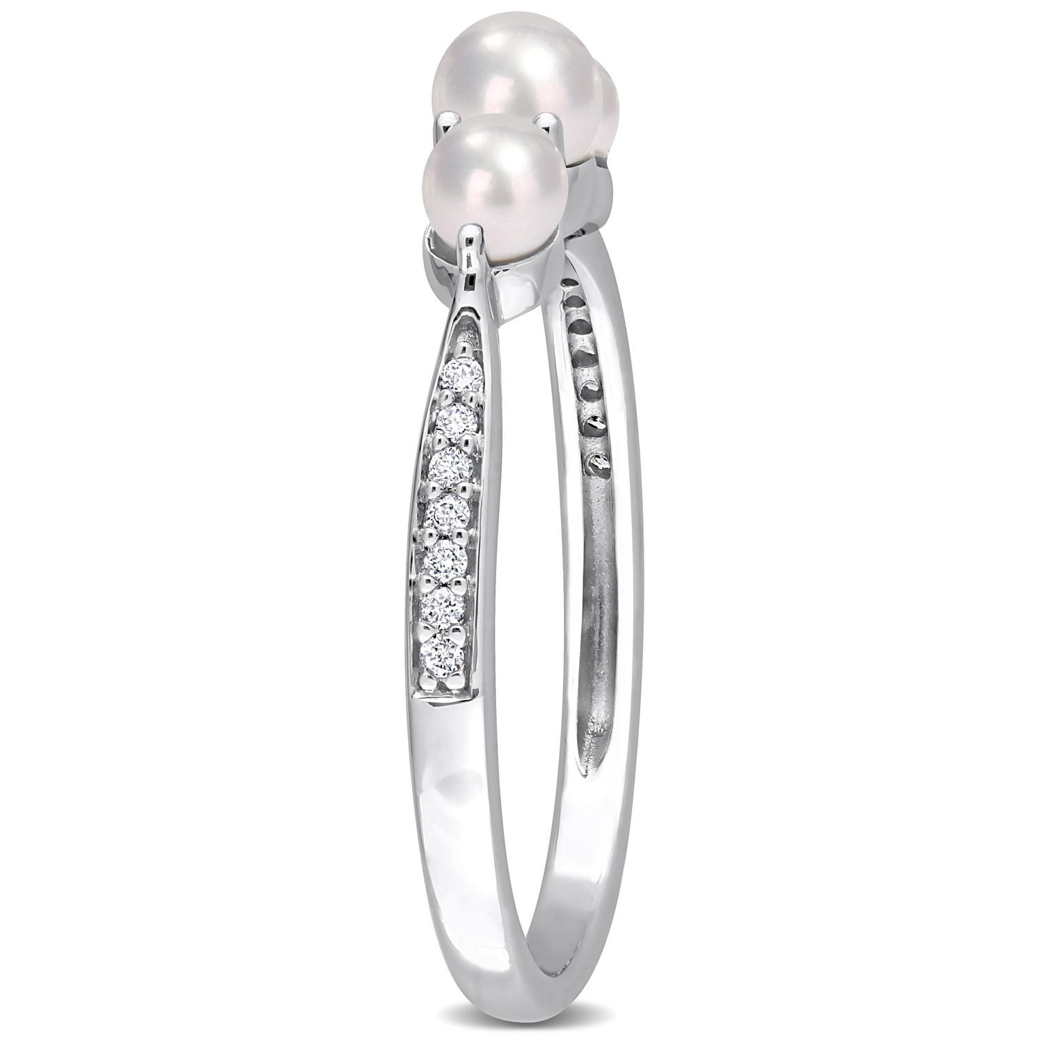 Bague Miabella à 3 pierres en or blanc 14K avec perles d'eau douce culture et accents de diamants