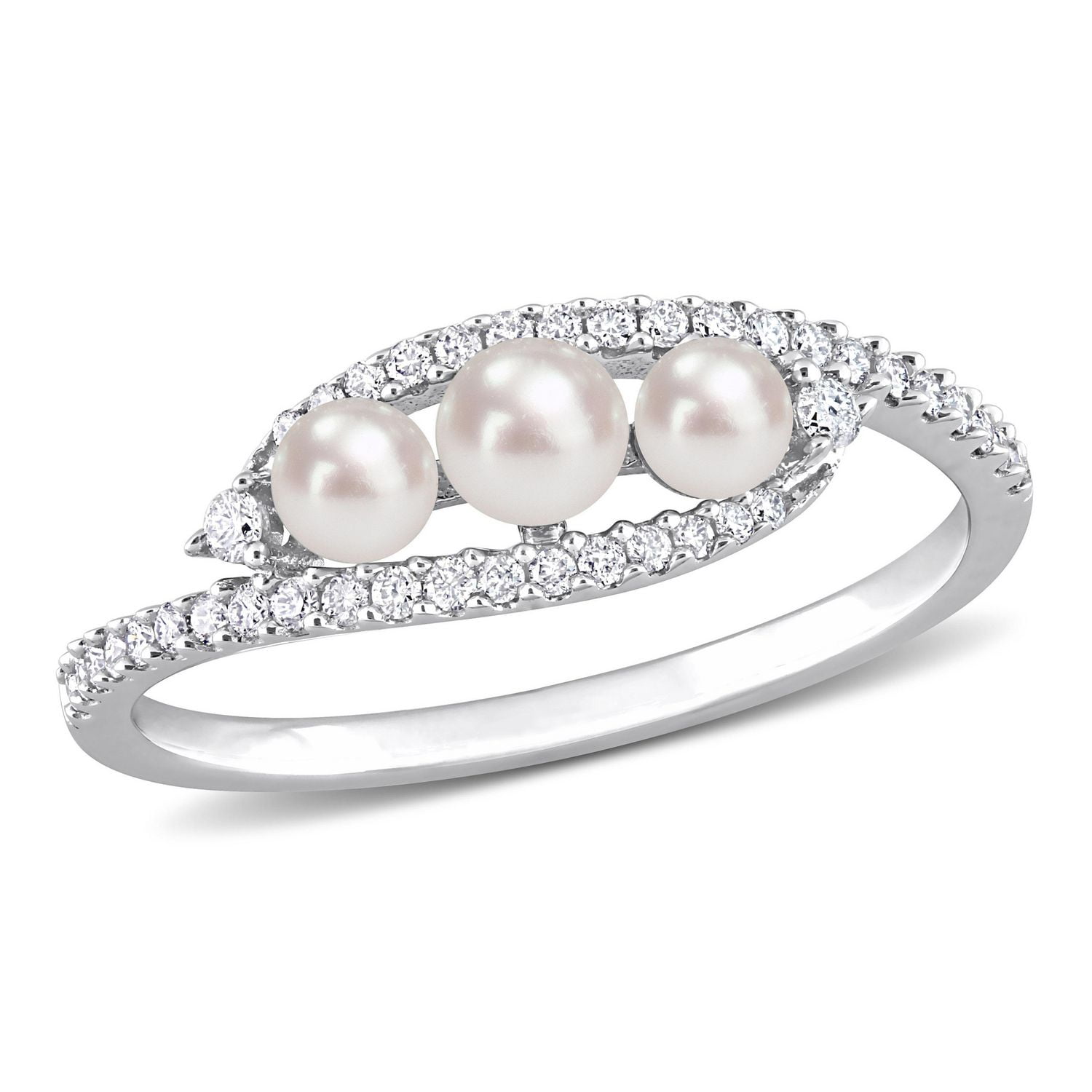 Miabella Cultured Freshwater Pearl and 1/5 Carat T.W. Diamond 14K White Gold 3-Stone Twist Vintage Ring