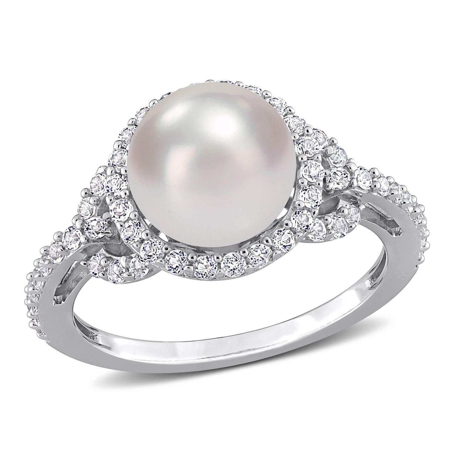 Miabella Cultured Freshwater Pearl and 3/4 Carat T.G.W. White Topaz Sterling Silver Halo Ring