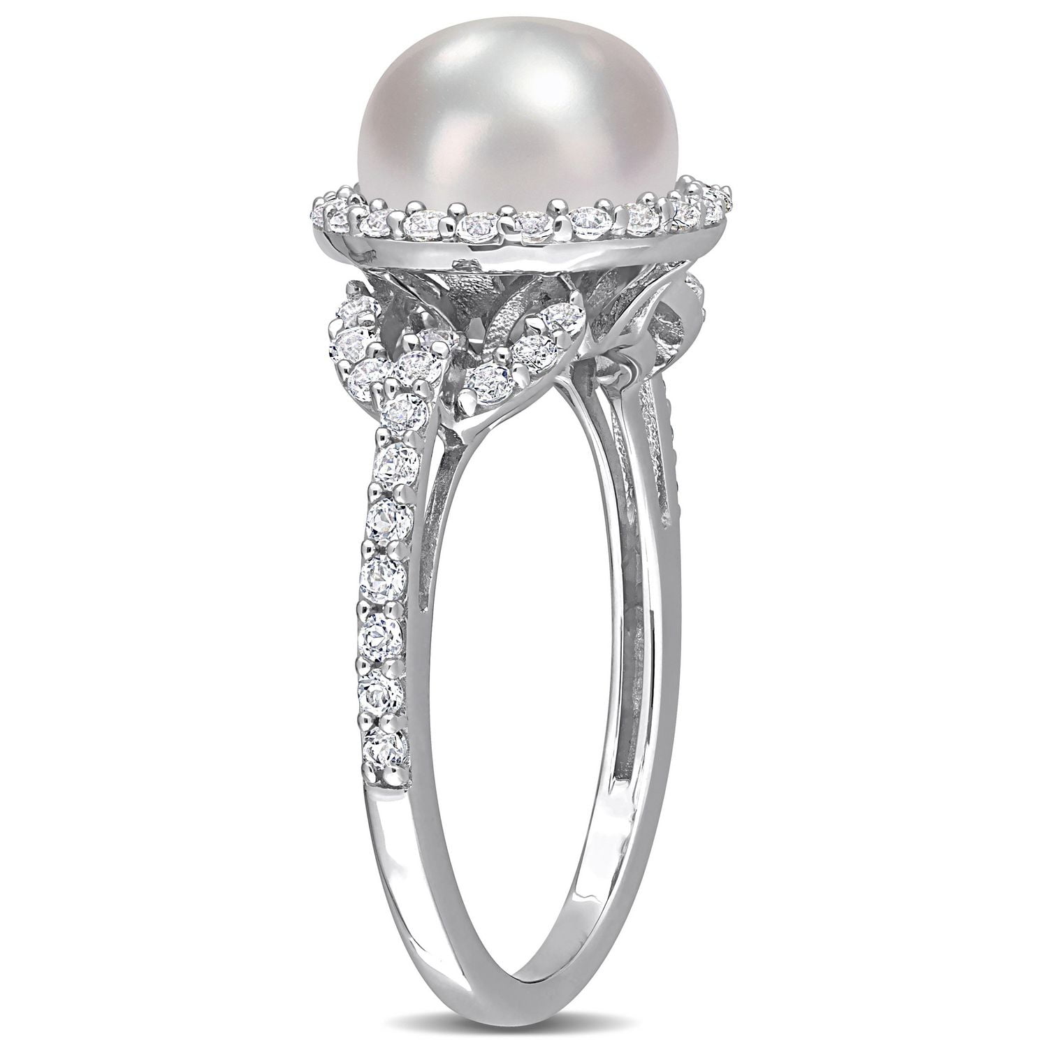 Miabella Cultured Freshwater Pearl and 3/4 Carat T.G.W. White Topaz Sterling Silver Halo Ring