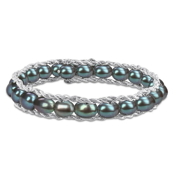 Miabella Black Cultured Freshwater Pearl Sterling Silver Bangle Bracelet