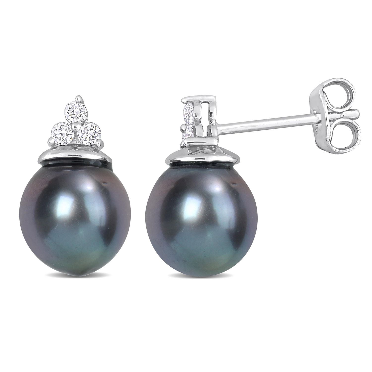 Miabella Tahitian Cultured Pearl and 1/8 Carat T.W. Diamond Sterling Silver 3-Stone Stud Earrings
