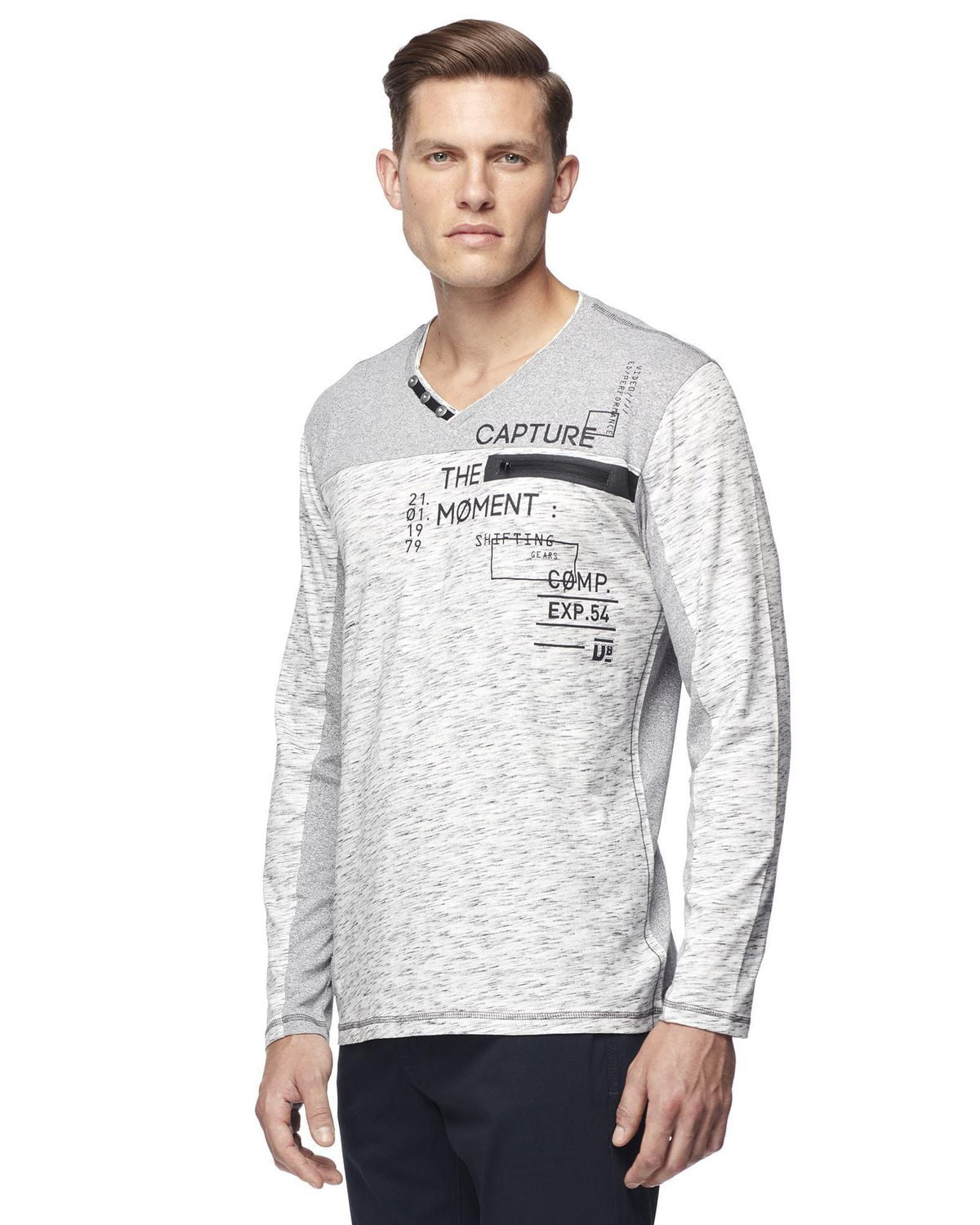 Dark Black Men's Long-Sleeve Graphic V-Neck T-Shirt