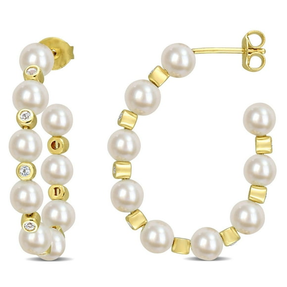 Miabella Cultured Freshwater Pearl and 1/2 Carat T.G.W. White Topaz Yellow Gold Flash Plated Sterling Silver Hoop Earrings