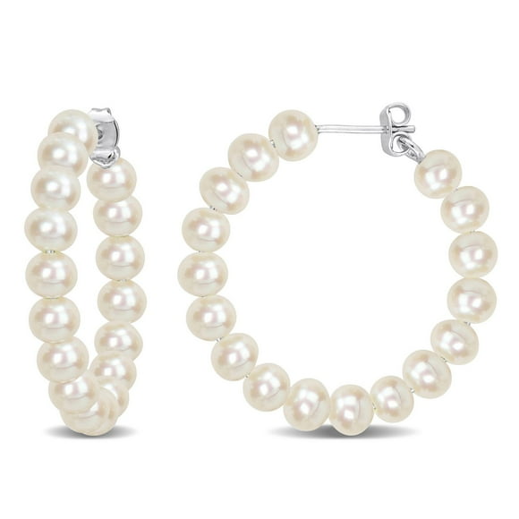 Miabella Cultured Freshwater Pearl Sterling Silver Hoop Earrings