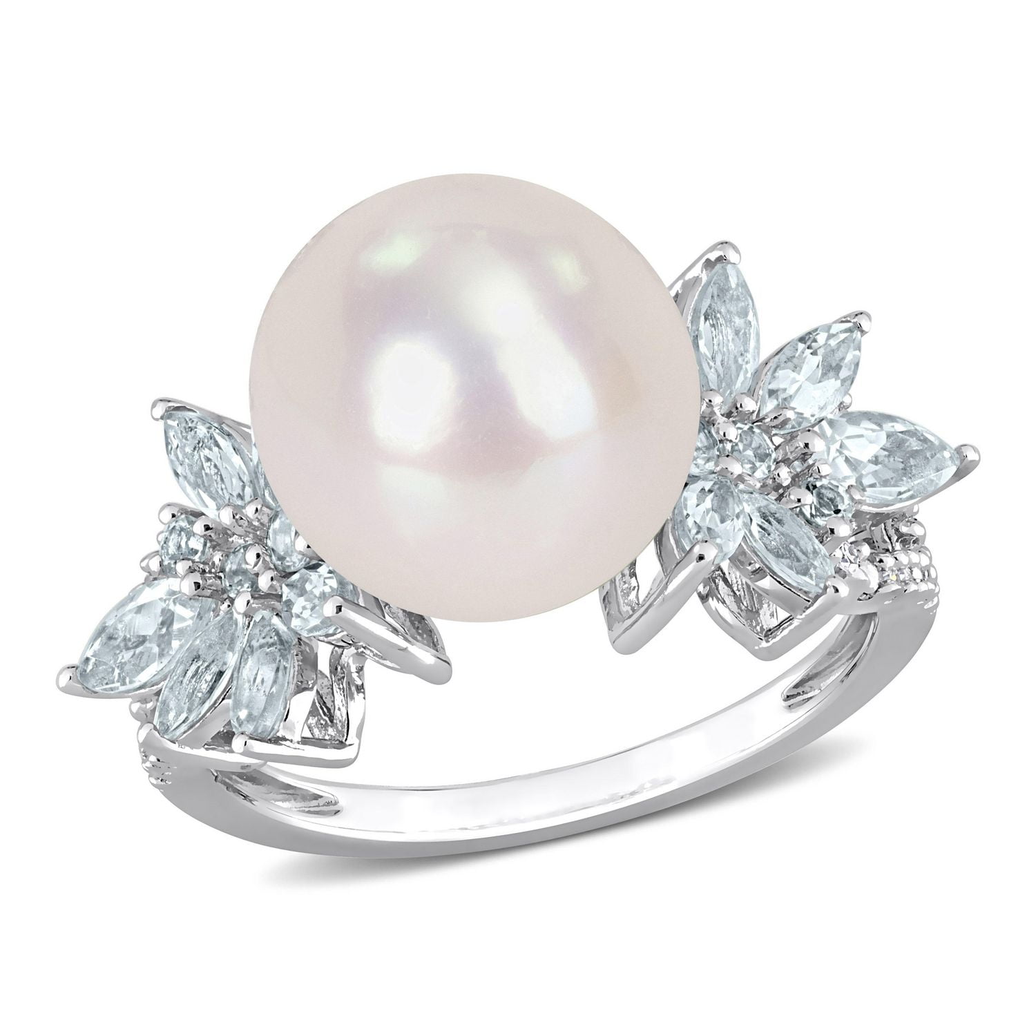 Miabella Cultured Freshwater Pearl Aquamarine and 1/10 CT TW Diamond Sterling Silver Flower Ring
