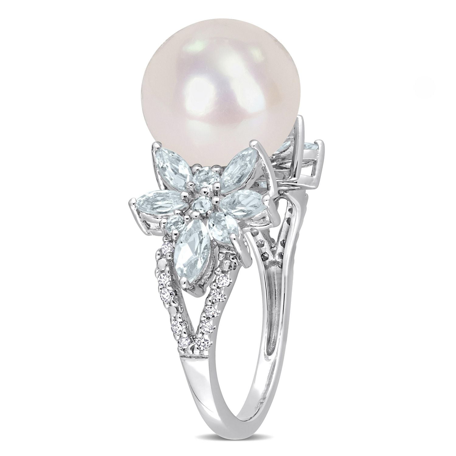Miabella Cultured Freshwater Pearl Aquamarine and 1/10 CT TW Diamond Sterling Silver Flower Ring