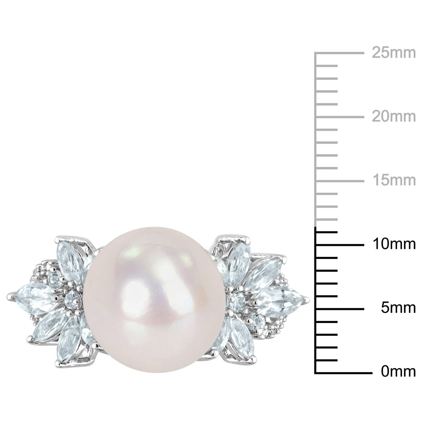 Miabella Cultured Freshwater Pearl Aquamarine and 1/10 CT TW Diamond Sterling Silver Flower Ring