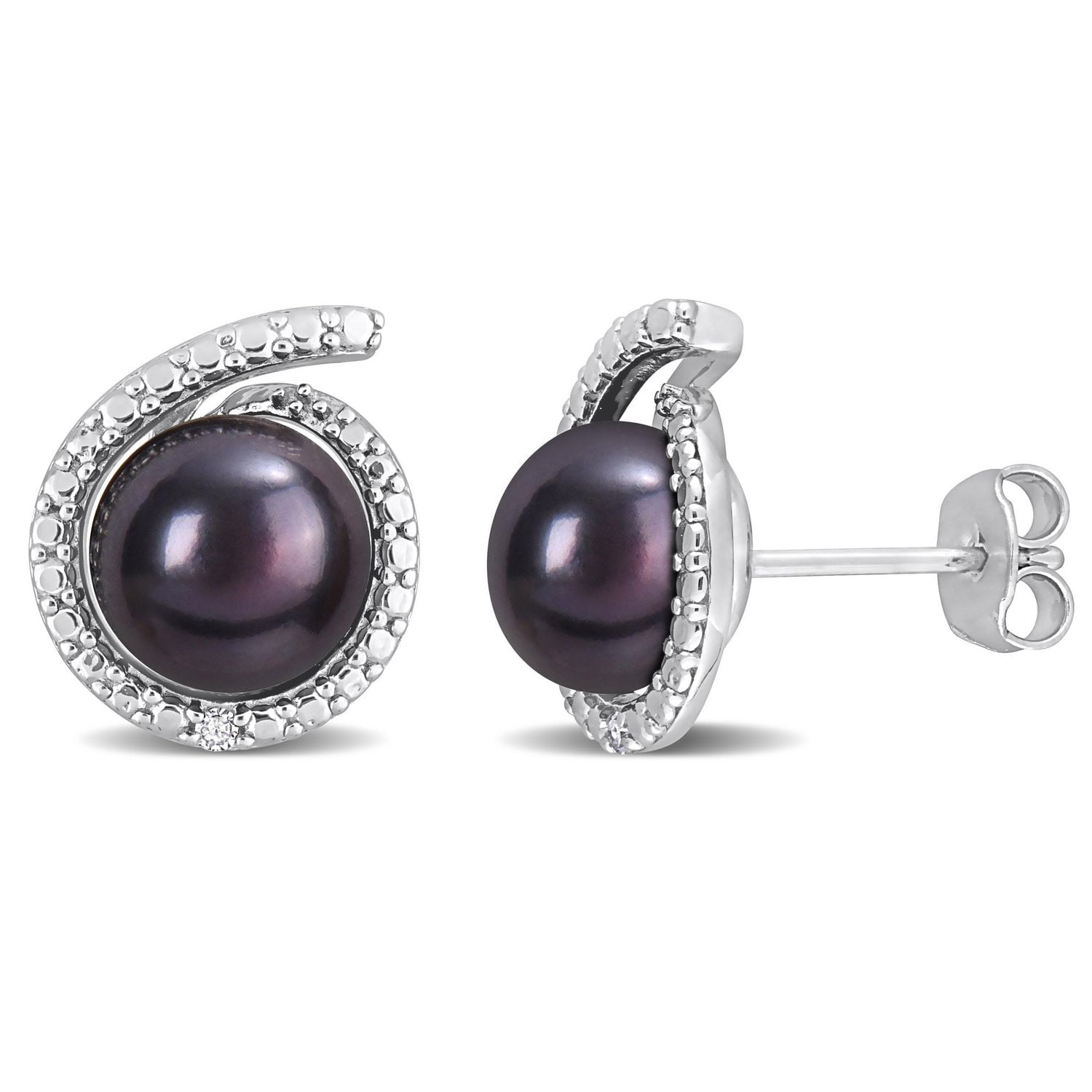 Miabella Black Freshwater Cultured Pearl and Diamond Accent Sterling Silver Swirl Stud Earrings