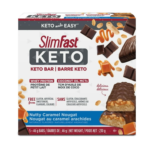 Slimfast Keto Bar avec Whey Protein et Coconut Oil Mcts - Nougat Caramel Noisette Barres KETO Slimfast. Barres 5x46g