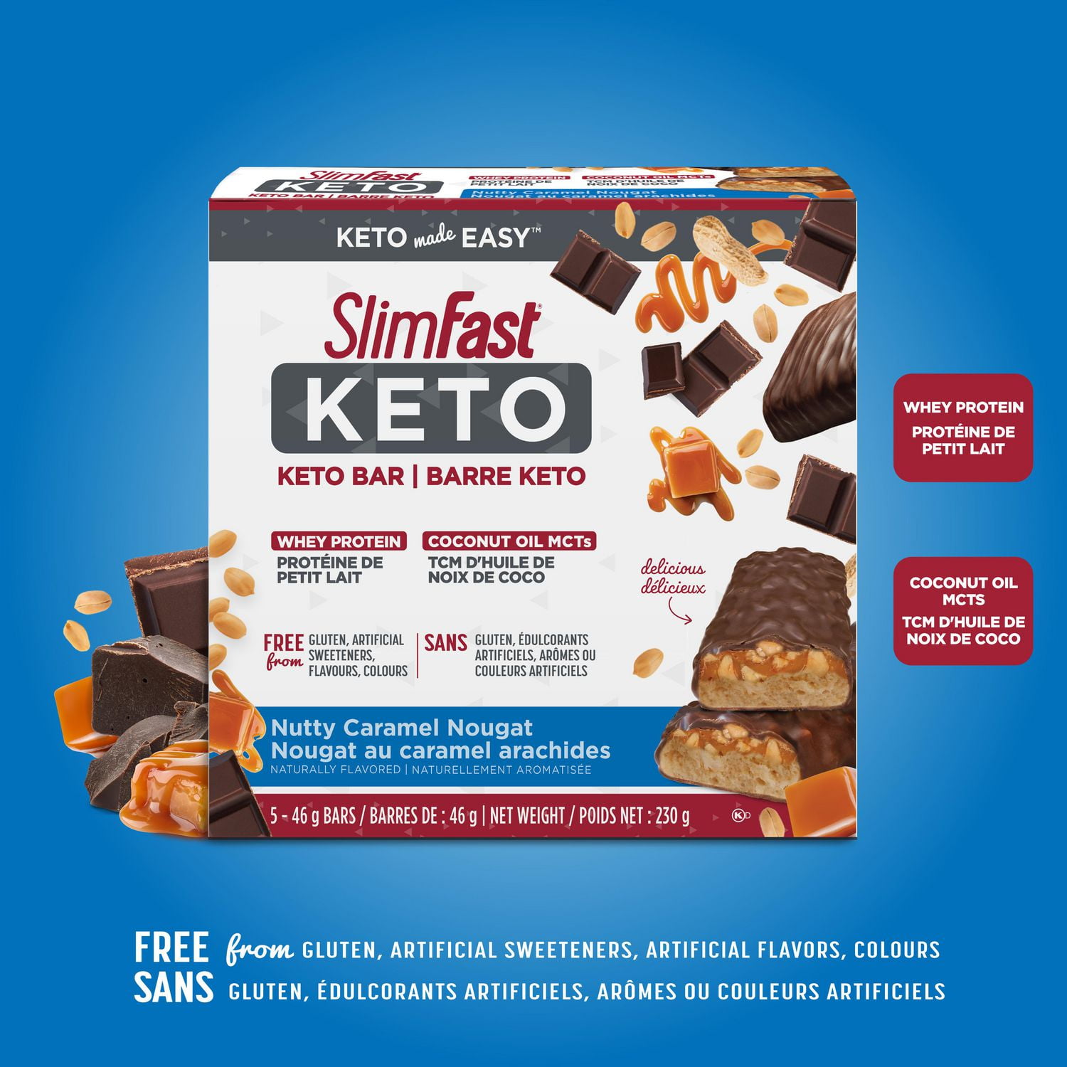 SlimFast Keto Bar with Whey Protein and Coconut Oil MCTs Nutty Caramel Nougat Slimfast KETO Bars. 5x46g Bars