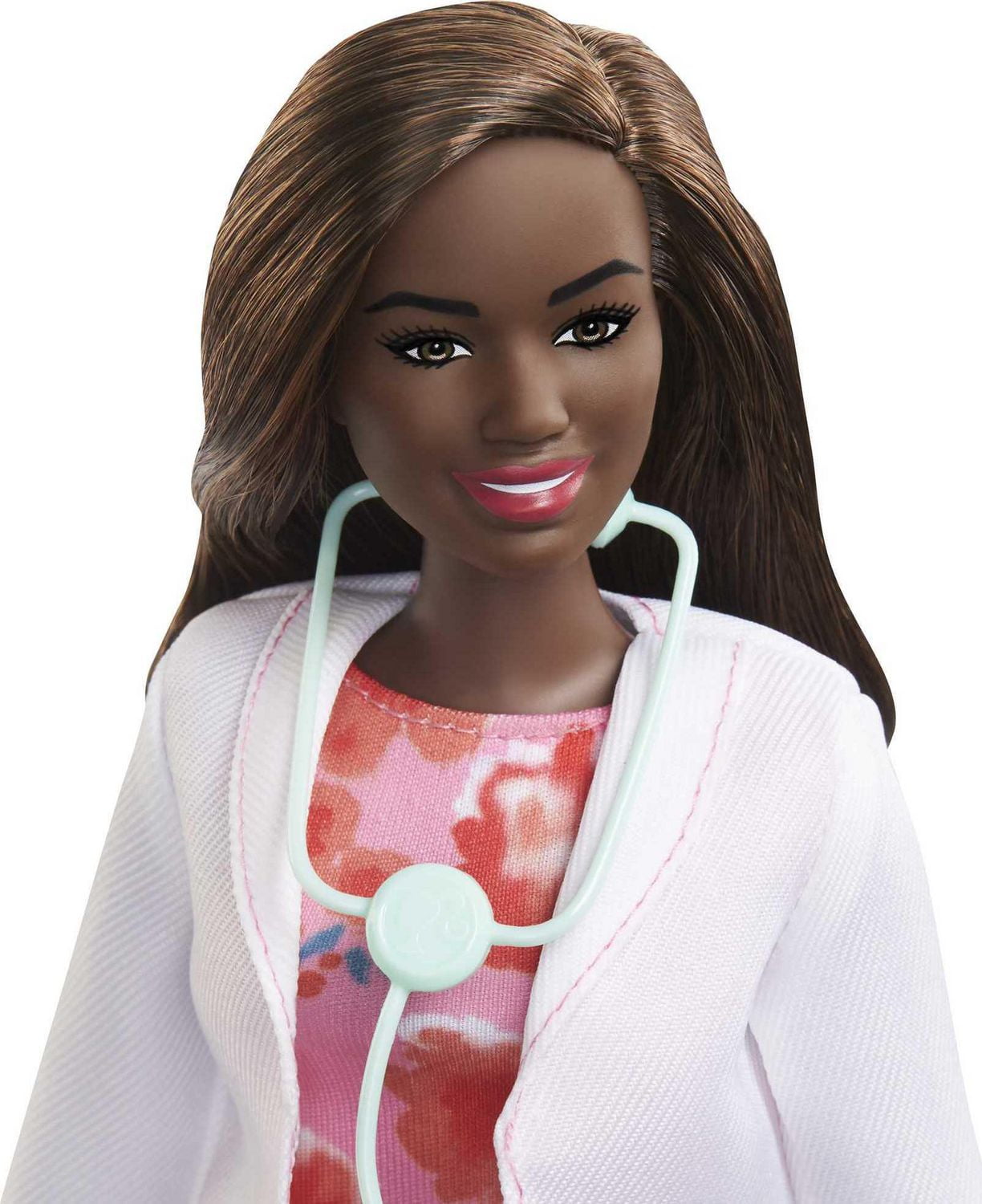 Barbie Doctor Doll 12 in 30.40 cm Brunette Hair Curvy Shape Doctor Coat Print Dress Stethoscope Accessory