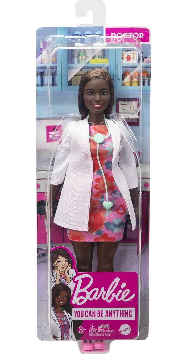 Barbie Doctor Doll 12 in 30.40 cm Brunette Hair Curvy Shape Doctor Coat Print Dress Stethoscope Accessory Walmart