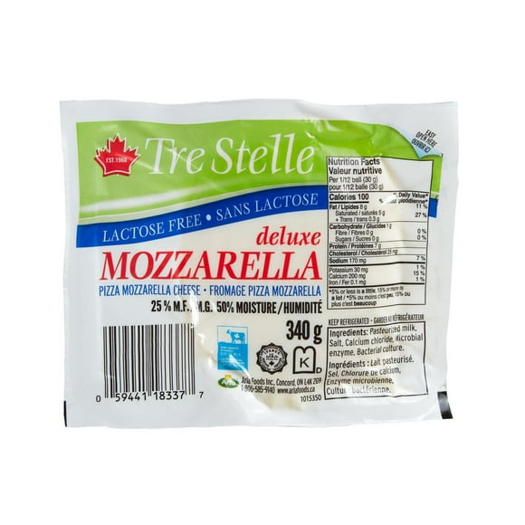 Fromage pizza mozzarella de luxe sans lactose Tre Stelle 340g