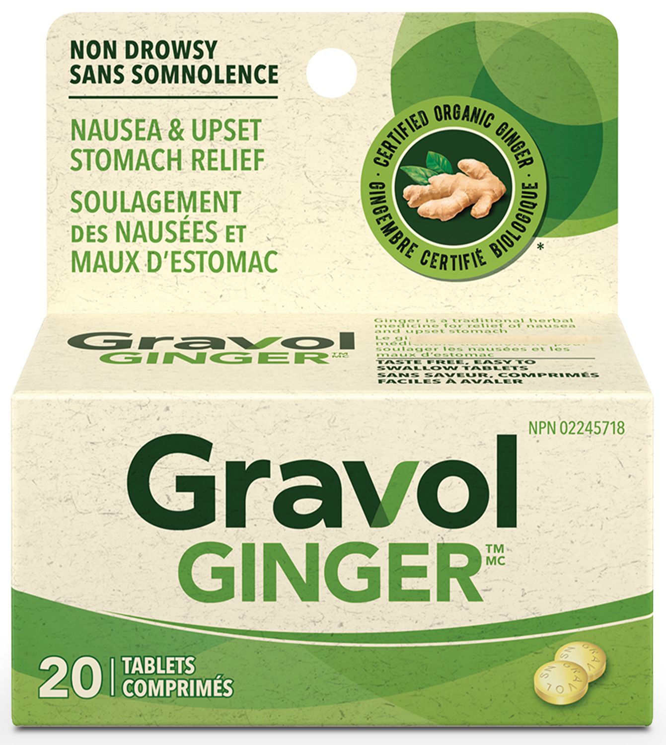 Gravol Ginger Non-Drowsy 20 Tablets, front-facing pack with blister card and several loose white round tablets on a plain background; contains certified organic ginger for upset stomach, nausea and vomiting relief and provides non-drowsy relief.