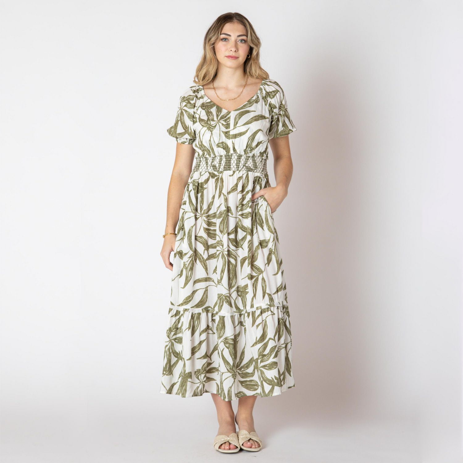 Devoted Calf length floral dress with short ruffled sleeves