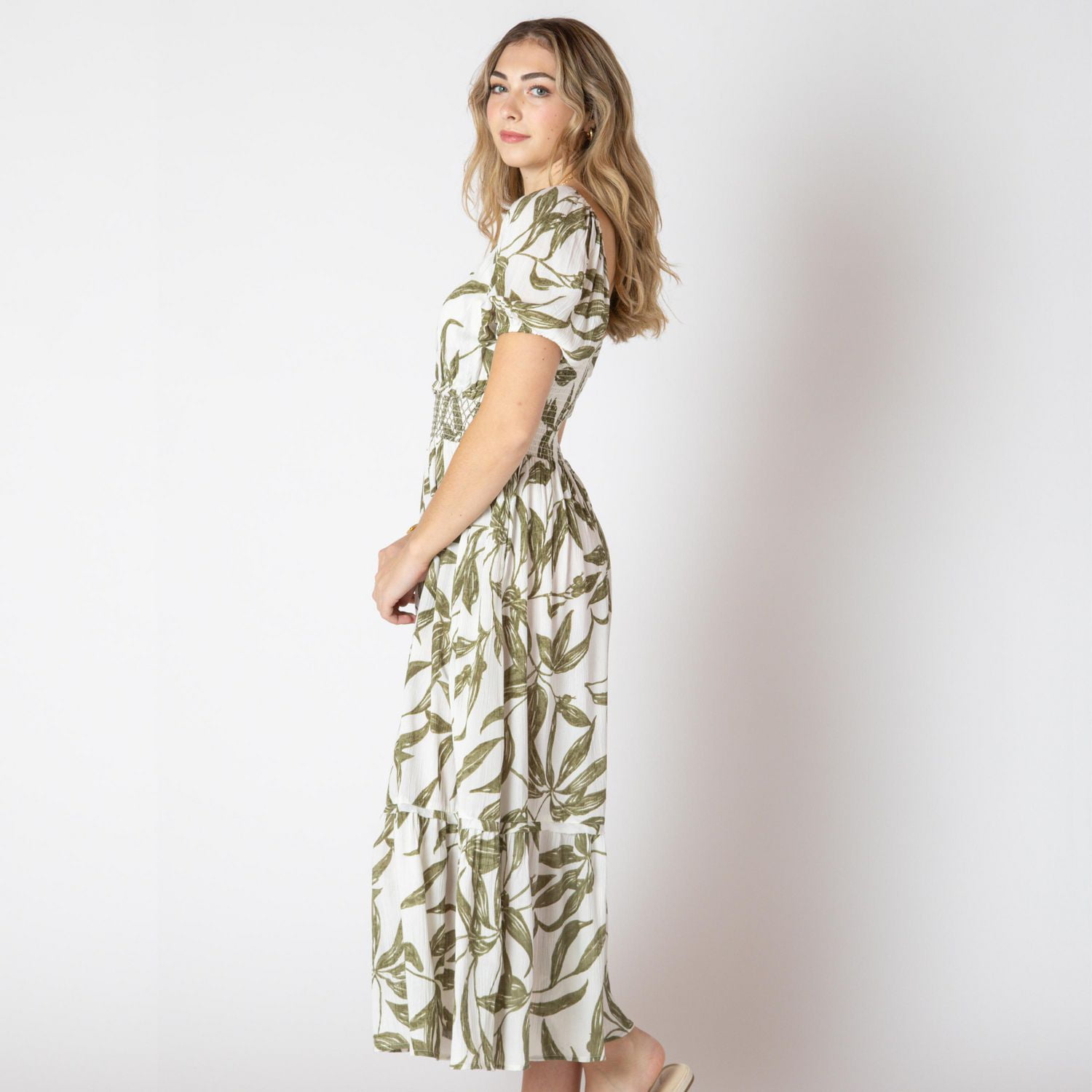 Devoted Calf length floral dress with short ruffled sleeves