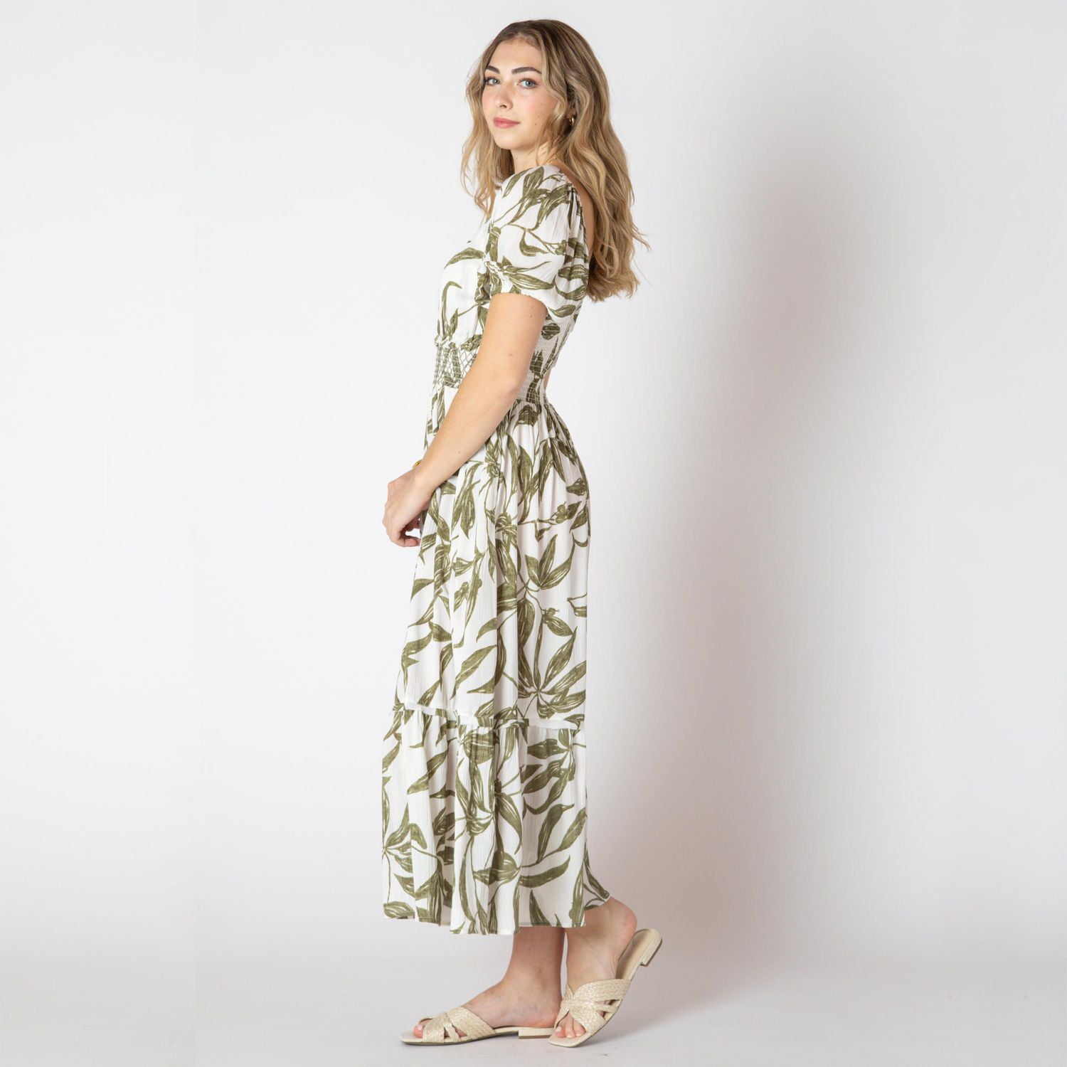 Devoted Calf length floral dress with short ruffled sleeves