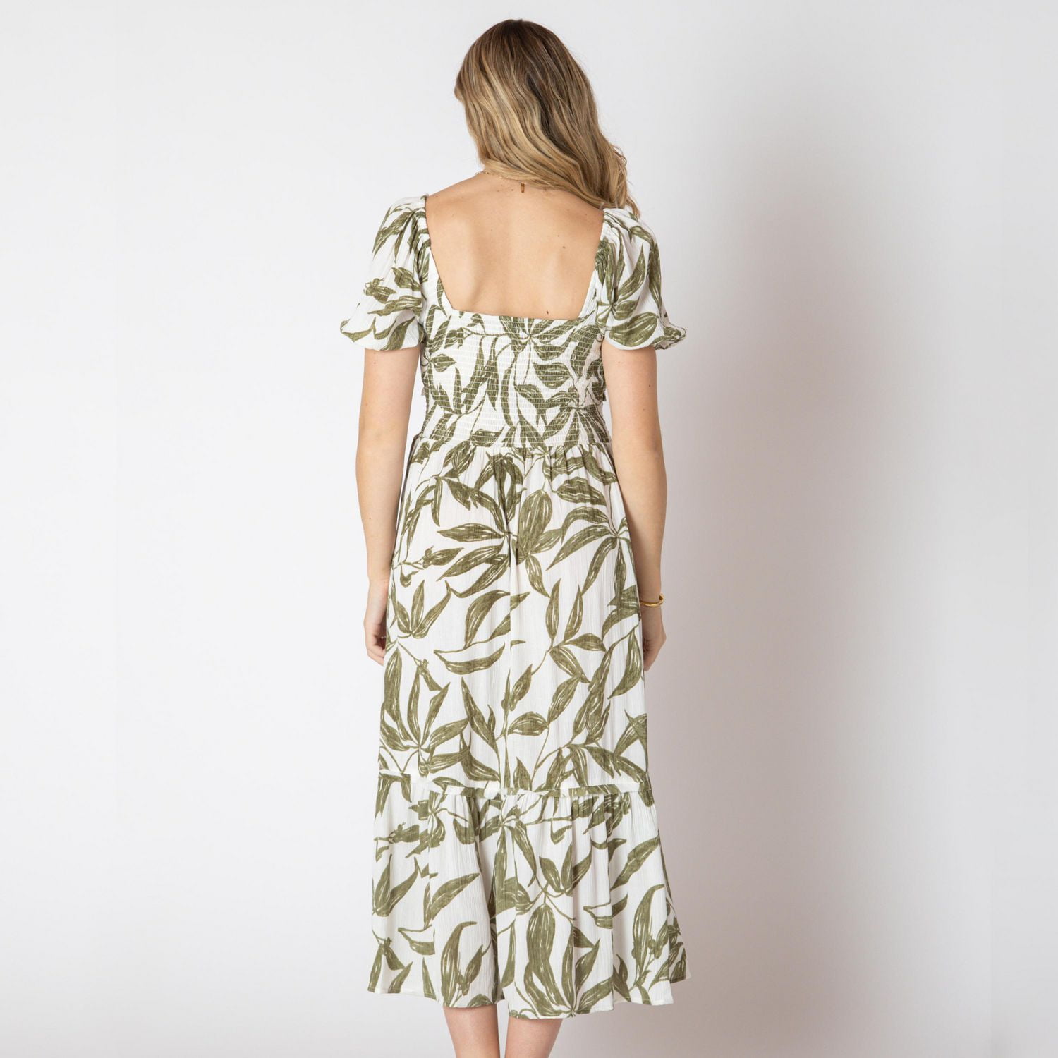 Devoted Calf length floral dress with short ruffled sleeves