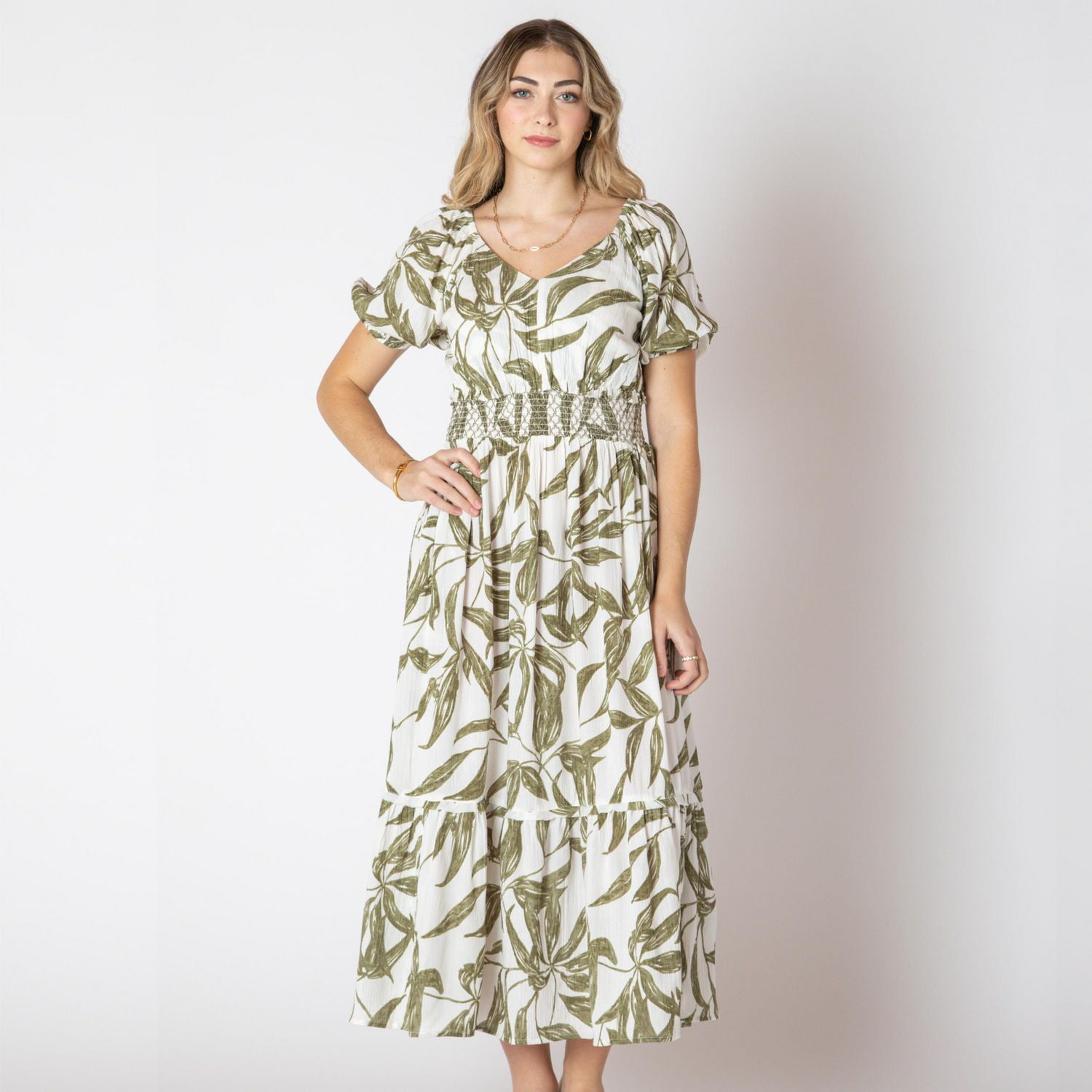 Devoted Calf length floral dress with short ruffled sleeves