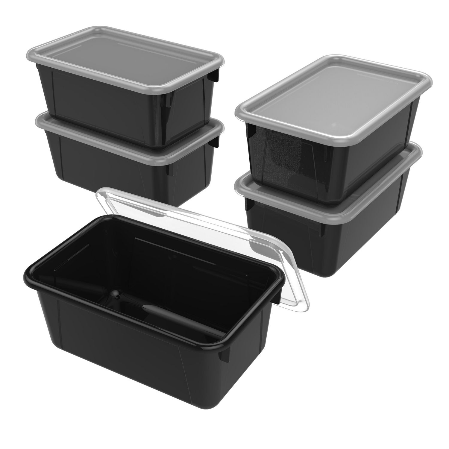 black plastic storage bins with lids