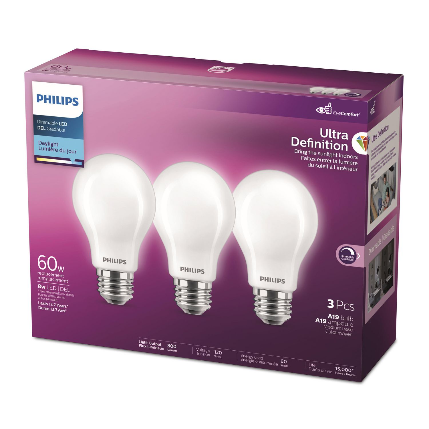 Philips DEL Ultra Definition 60W ampoule A19 lumière du jour (paq