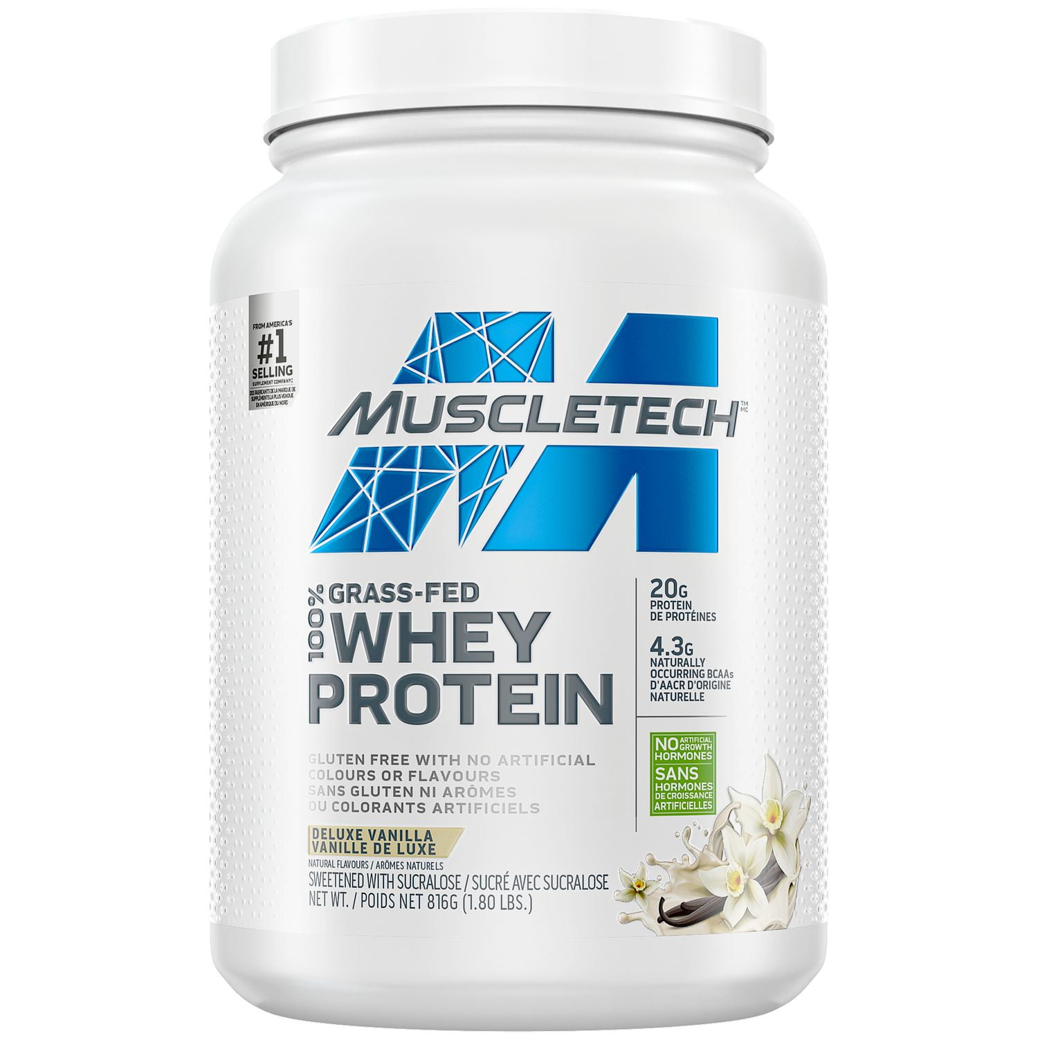 MuscleTech Grass Fed 100% Whey Protein, Protein Powder for Women & Men,  Growth Hormone Free, Non-GMO, Gluten Free, 20g Protein + 4.3g BCAA, Deluxe  Vanilla, 1.8 lbs (23 Servings) 
