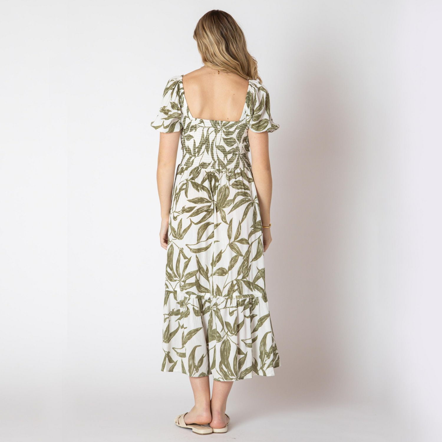 Devoted Calf length floral dress with short ruffled sleeves