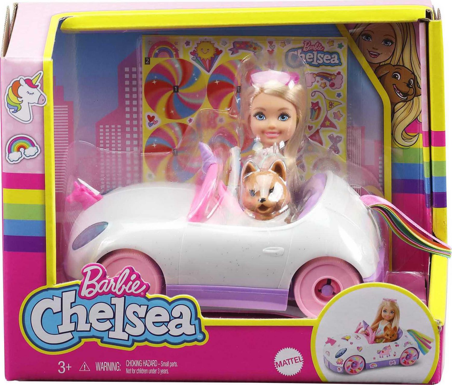 ​Barbie Club Chelsea Doll (6-inch Blonde) with Open-Top Rainbow  Unicorn-Themed Car, Pet Puppy, Sticker Sheet & Accessories