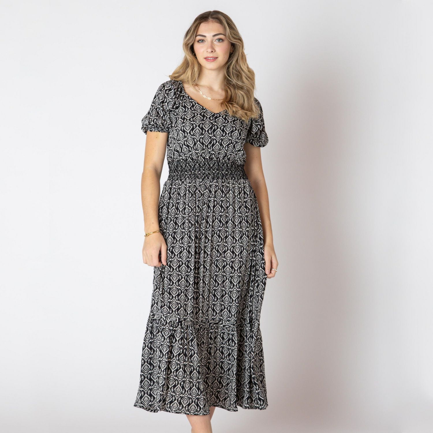 Devoted Calf length floral dress with short ruffled sleeves