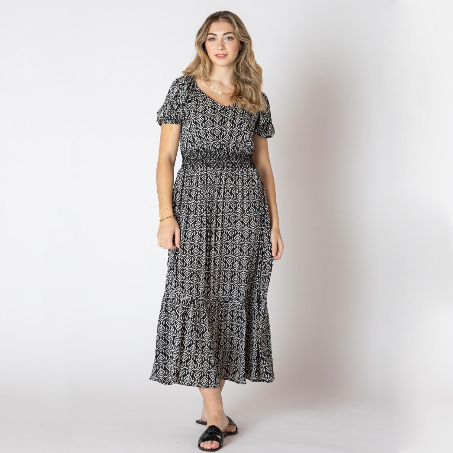 Devoted Calf length floral dress with short ruffled sleeves