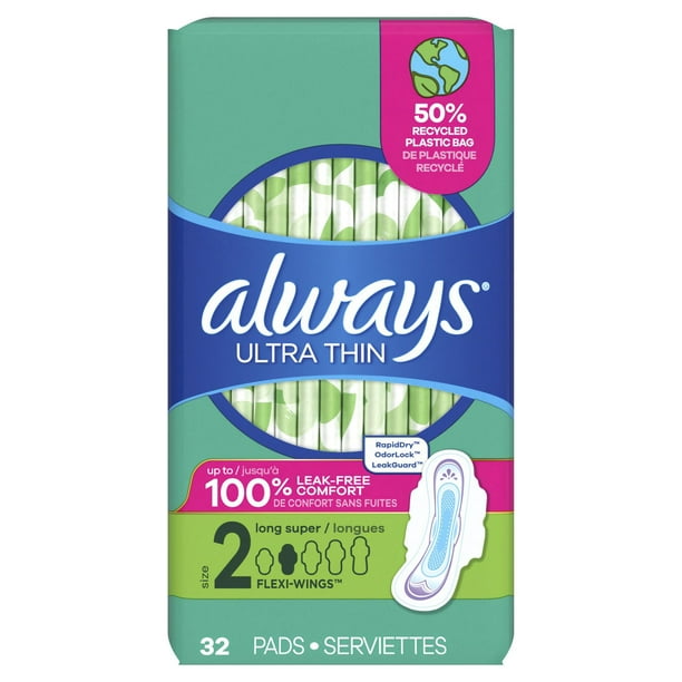 Always Ultra Thin Daytime Pads with Wings, Size 2, Long Super, Unscented,  32 Pads