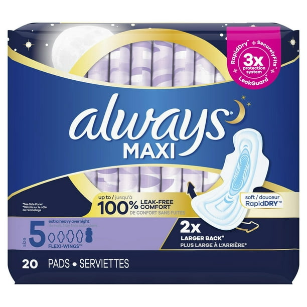 Always Maxi Pads Size 5 Extra Heavy Overnight Absorbency Unscented with  Wings, 20 Pads 