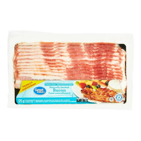 Great Value Reduced Sodium Naturally Smoked Bacon, 375 g