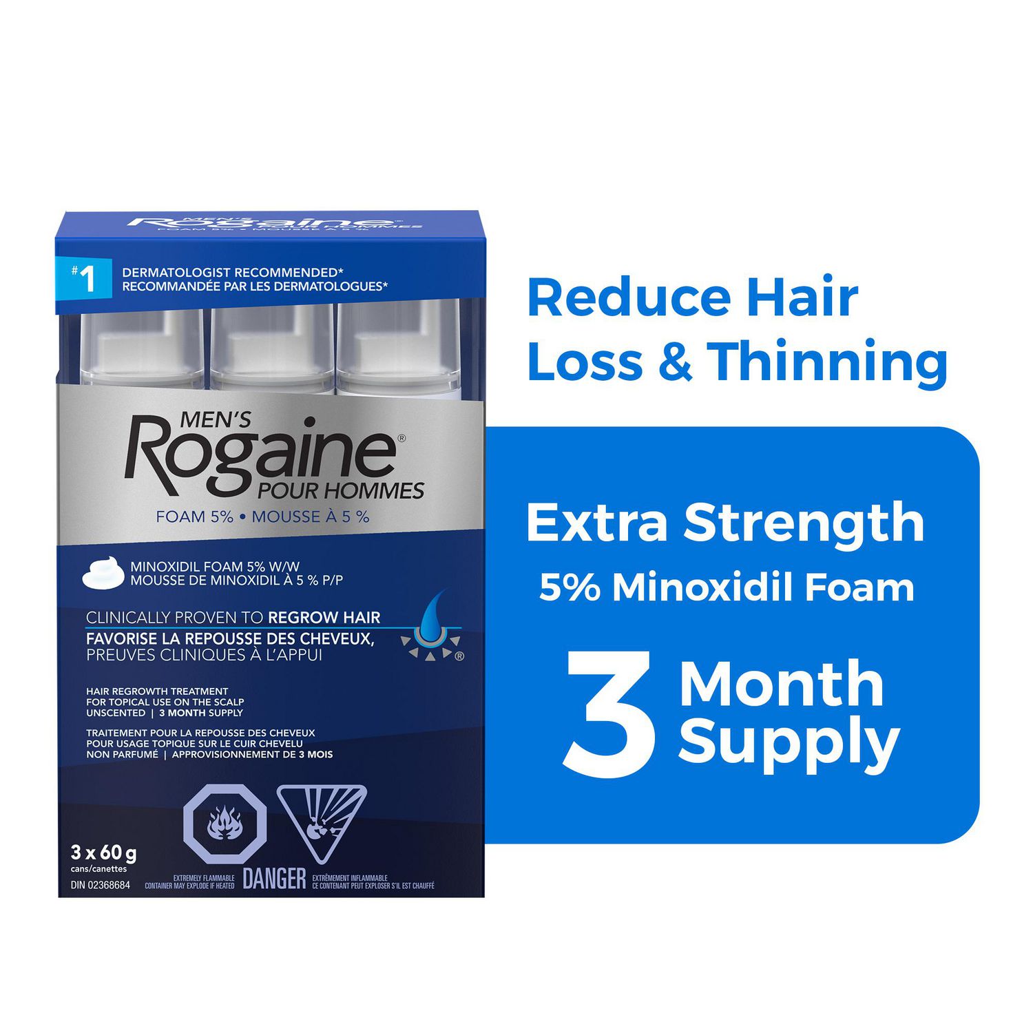 Rogaine Hair Growth Treatment for Men - Reduce Hair Loss & Thinning - 5% Minoxidil Foam - 3 Month Supply, 3x 60g.