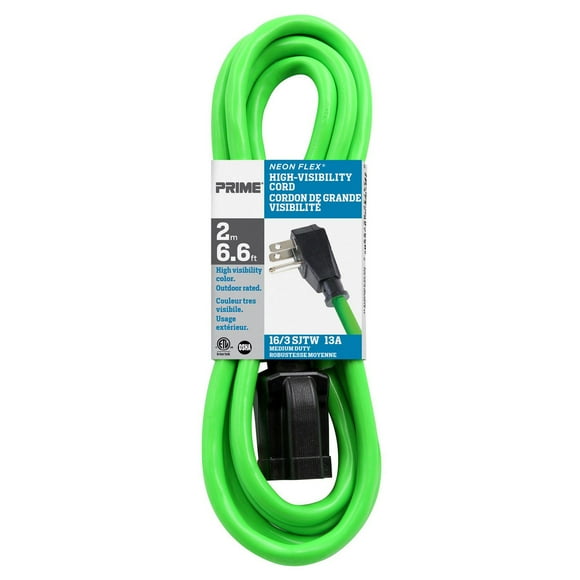 Prime 2m 13-Amp Neon Flex High Vis Extension Cord, 2m (6.6ft) 16/3 medium duty
