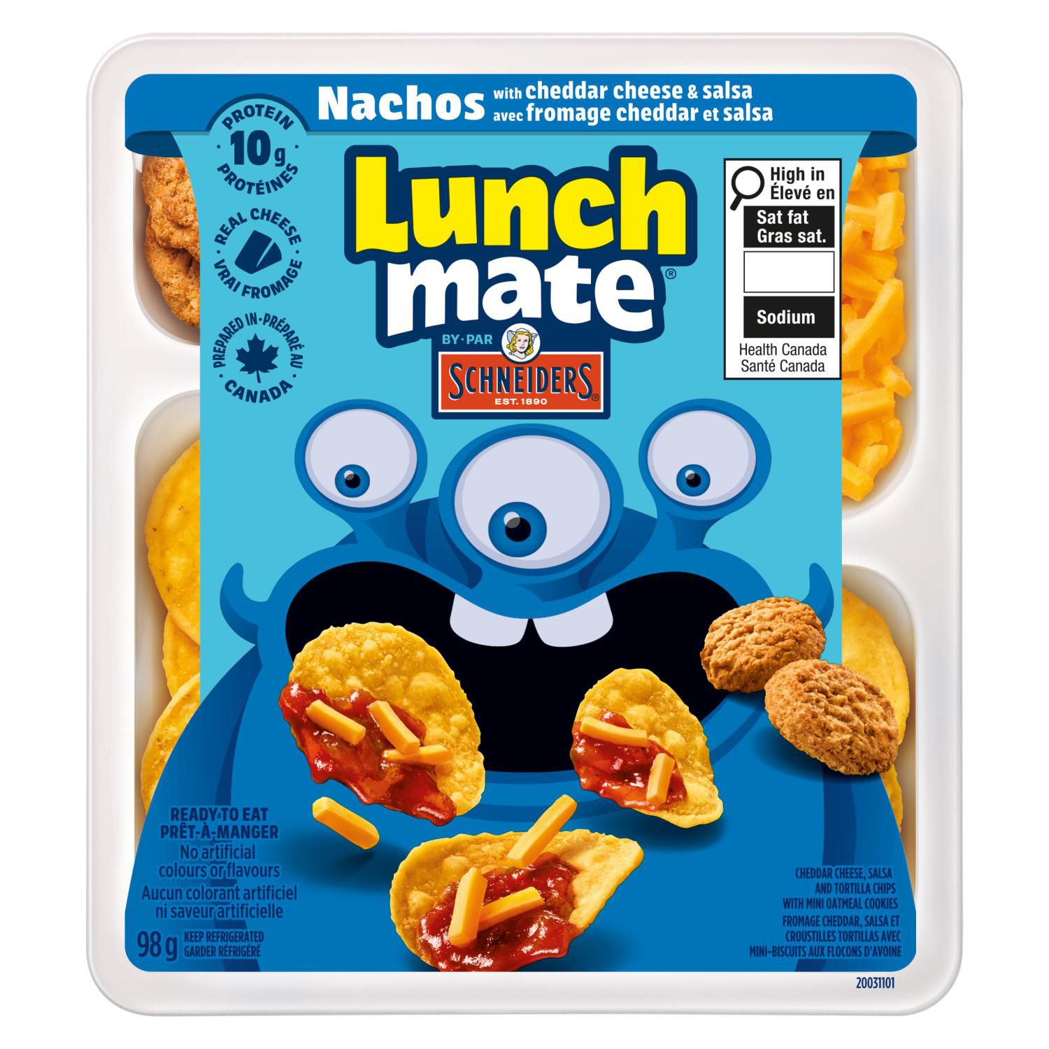 Lunchmate Nachos au Fromage Cheddar et Salsa, Trousse de Collation Prête à Manger de 98 g Mettant en Vedette des Croustilles de tortilla, une Tasse de Fromage Cheddar, une Tasse de Salsa et un Petit Paquet de mini Biscuits à l'Avoine au Chocolat sur Fond Uni; Convient aux Dîners Scolaires Ou aux Pique-Niques.